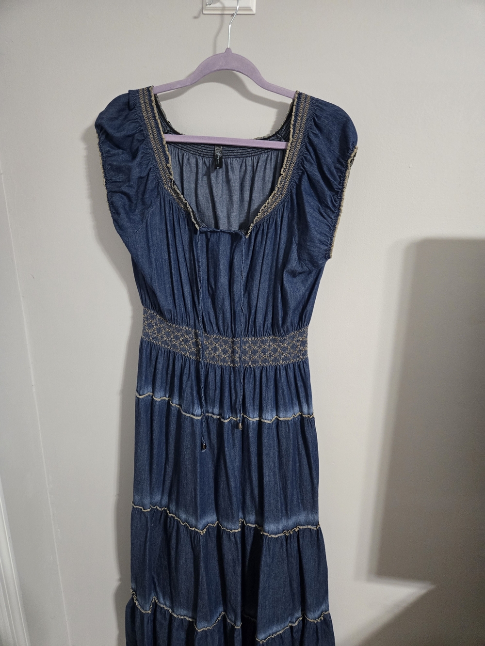 Smocked Waist Navy Maxi Dress with Square Neck